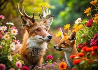 Captivating Encounter: A Fox and Deer Amidst Lush, Colorful Florals Celebrating the Beauty of Wildlife and Nature in an Enchanting Setting of Harmony and Diversity