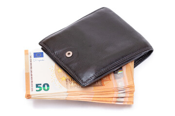 Black Leather Men Wallet with Fifty Euro Banknotes Inside - Isolated on White Background. A Purse Full of Money Symbolizing Wealth, Success and Social Status - Isolation
