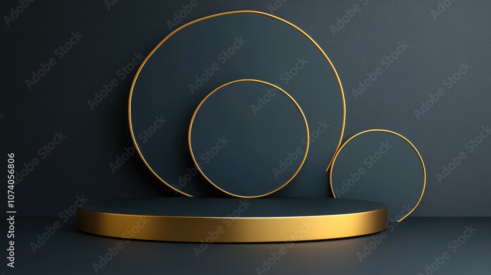 Poster Abstract podium background featuring geometric shapes in black and gold Minimalist 3D rendering ideal for product showcasing
