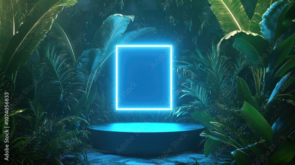 Aufkleber moss covered leaves and neon light design three dimensional rendering of a blue square neon illumina
