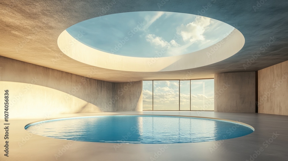Poster Empty circular concrete podium with a pool 3D rendering of an abstract interior featuring a curved skylight