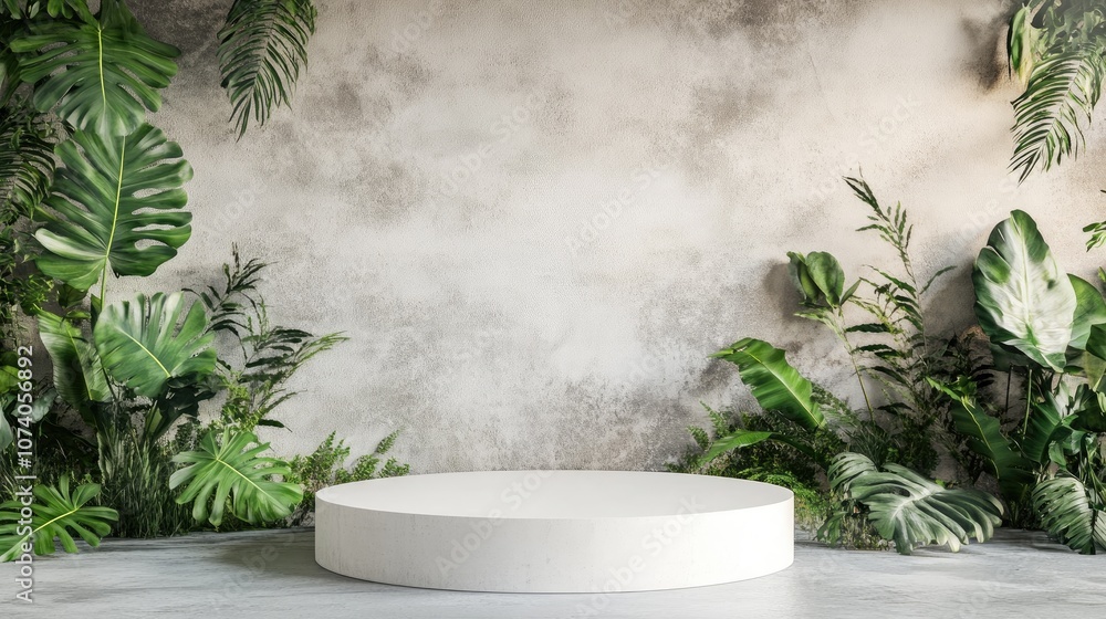 Poster White pedestal for product display in a concrete space with greenery 3D rendering