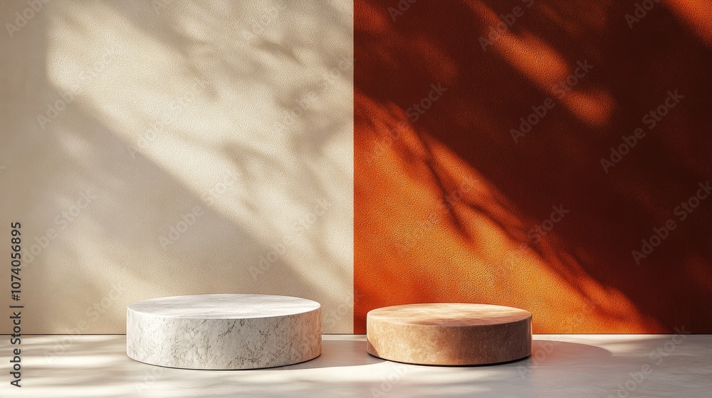 Poster 3D empty podium set against a minimalist abstract background featuring platforms for showcasing cosmetic products 3D illustration of two pedestals for creative display