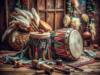 Captivating Fashion Photography Featuring a Native American Indian Drum in a Bohemian-Inspired Setting with Vibrant Textiles and Earthy Tones