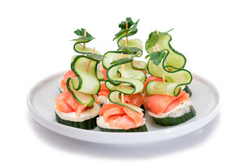 Canapes without Bread with Fresh Salmon, Cucumber and Cream Cheese - Isolated on White Background. Easy Breakfast. Diet Food. Quick and Healthy Sandwiches. Healthy Snacks with Tasty Fillings