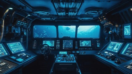 The control room of a futuristic submarine, with a view of the ocean floor, with a steering wheel, buttons, and screens.