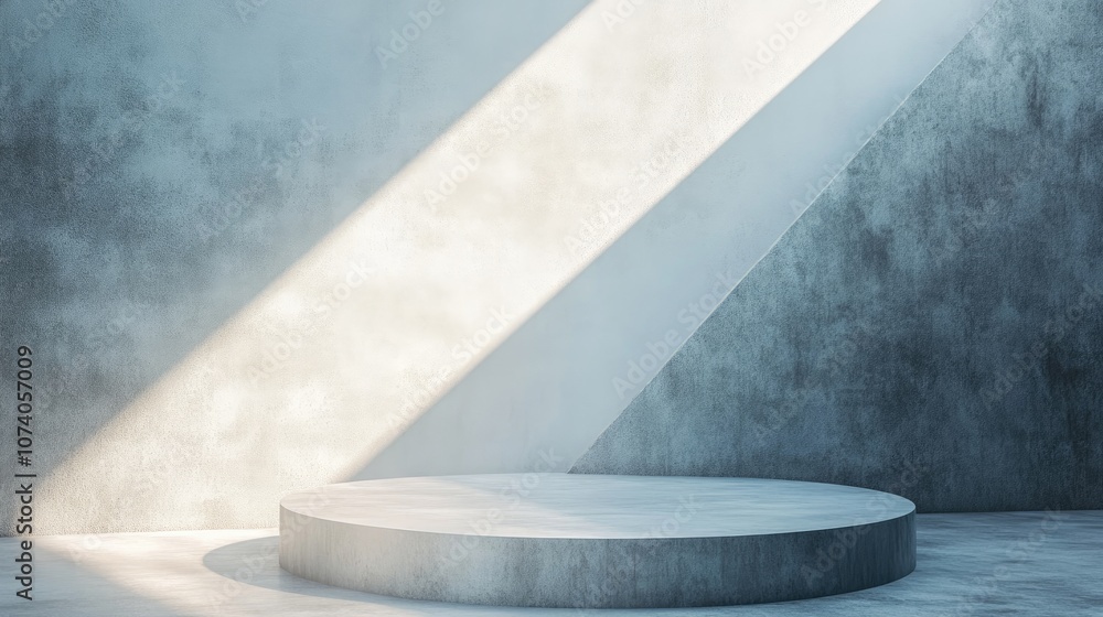 Fototapete Abstract white light illuminating a textured wall background featuring a geometric shape 3D rendered design for product display on a website Mockup with a gray podium scene concept Empty showcase 
