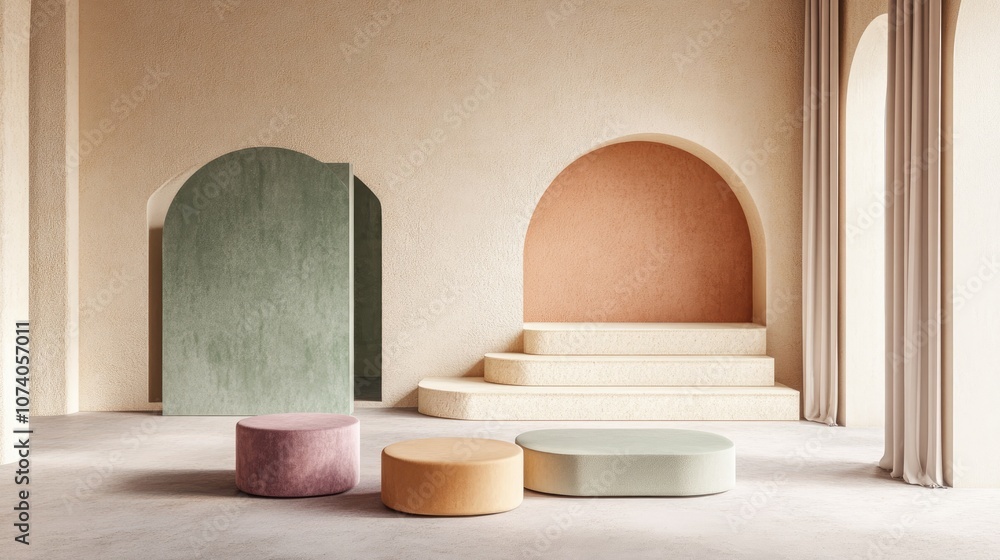 Poster 3d rendered interior featuring geometric shapes a podium on the floor and a collection of platforms 