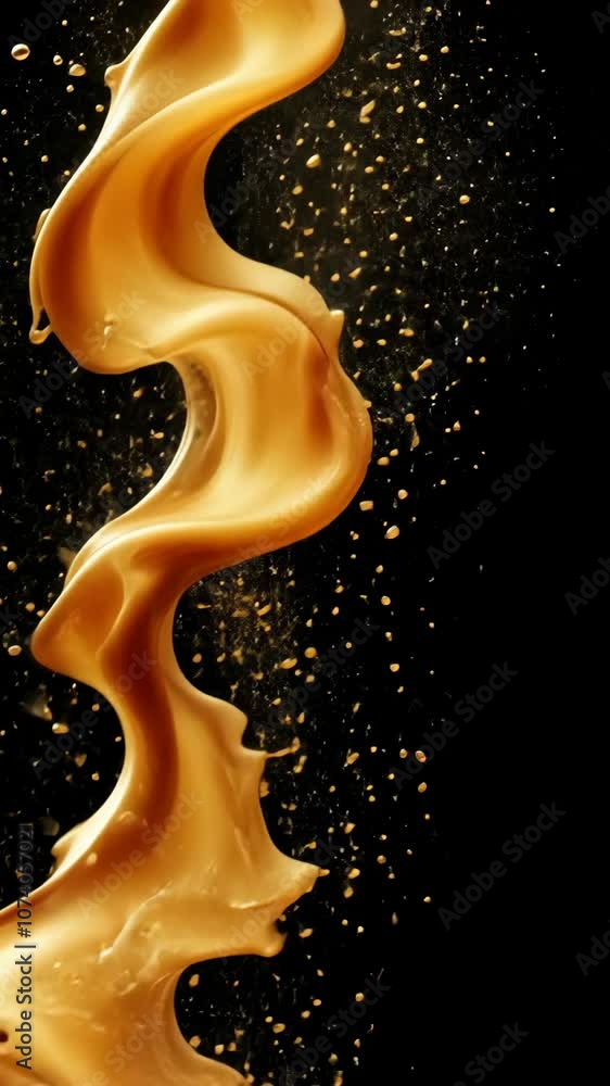 Poster a golden liquid swirls and splashes against a black background, creating a mesmerizing and elegant a