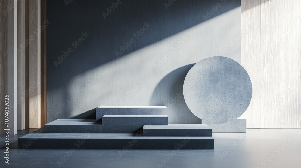 Poster Abstract minimal exhibition backdrop featuring geometric shapes and steps Simple background for showcasing product design Podium setup for product display 3D rendering