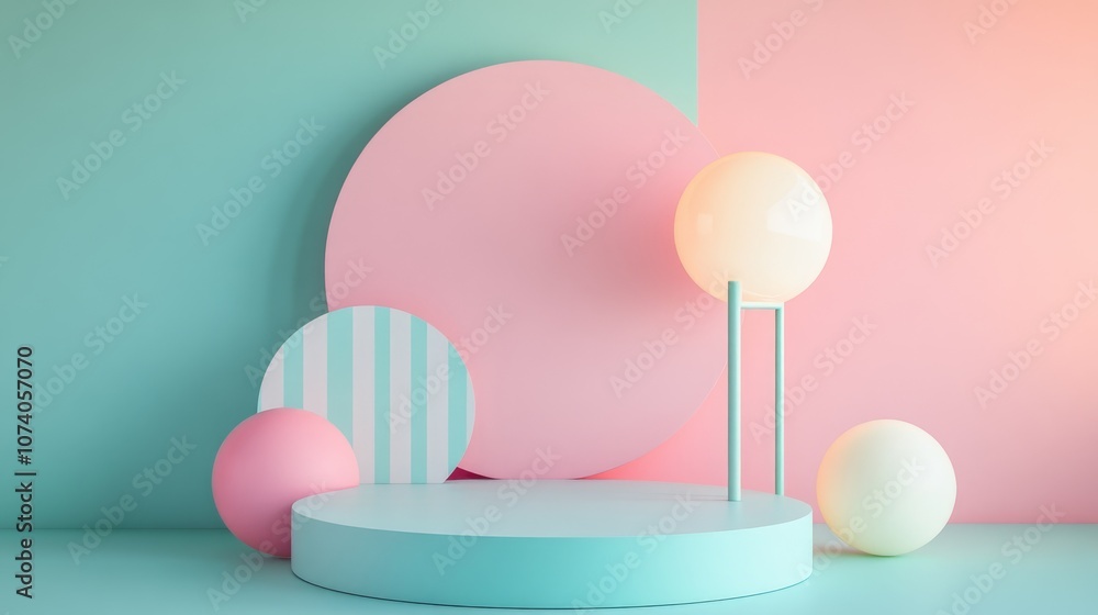 Poster Abstract geometric shape with lamp in pastel colors minimal modern style and pastel background for booth podium stage display stand mockup 3D rendering
