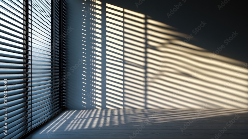 Poster Shadowed window blinds in an empty room with a wall featuring a 3D rendering for minimal abstract product display