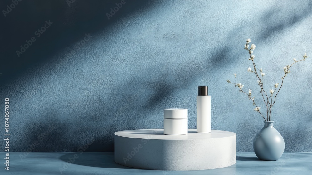 Poster 3d rendering of a minimalist product display for cream cosmetics with a modern blue pastel backdrop
