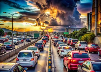 Obraz premium Captivating Fashion Photography of Long Traffic Jam on a Two-Lane Road Captured from Inside a Car Window, Showcasing Urban Style Amidst Endless Vehicles