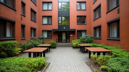 A modern courtyard featuring brick buildings, green landscaping, and wooden tables, ideal for social gatherings or relaxation.