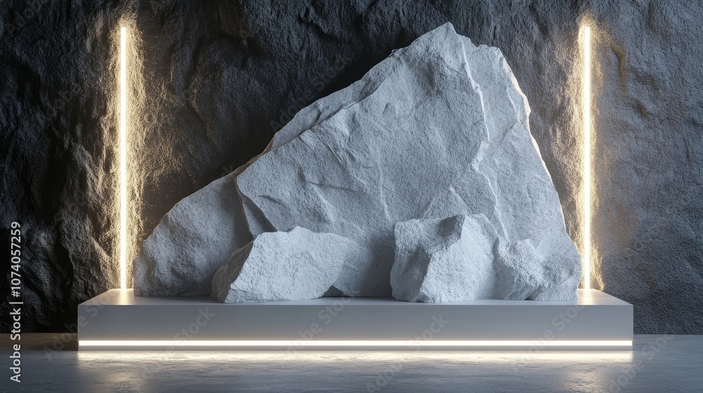 Aufkleber 3d rendering of white stone wall fragments with textured edges illuminated by neon white light set a