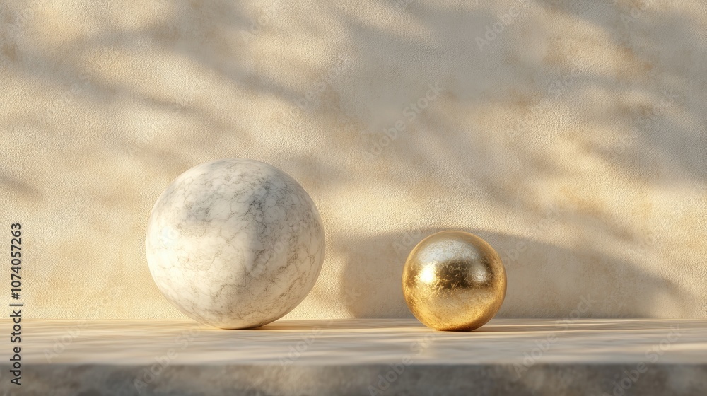 Poster 3D rendering of a display podium featuring a marble sphere and a golden sphere against a soft background