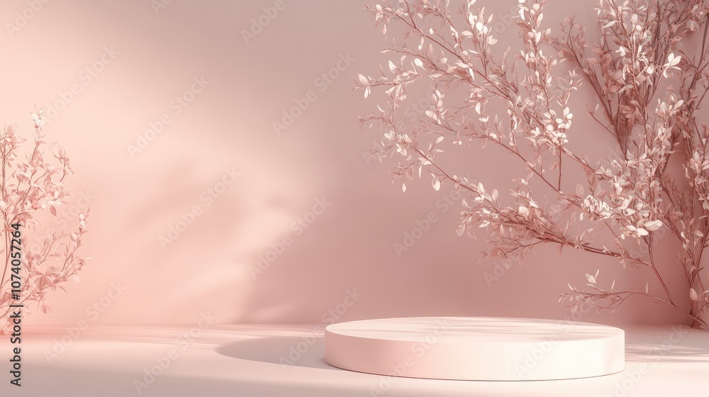 Poster soft pastel background with wall shadows featuring a botanical podium for product display and advert