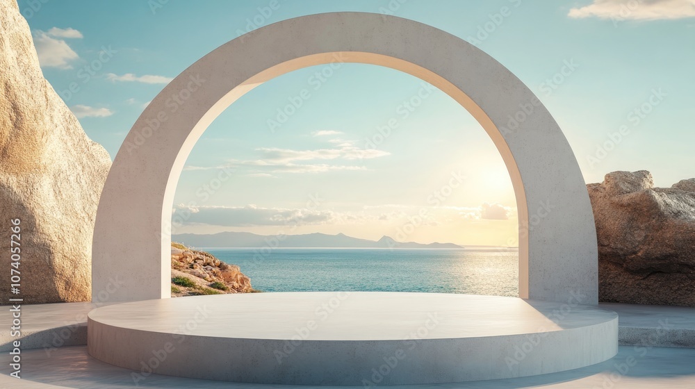 Poster geometric composition featuring an arch and podium in natural daylight with a minimal landscape and 