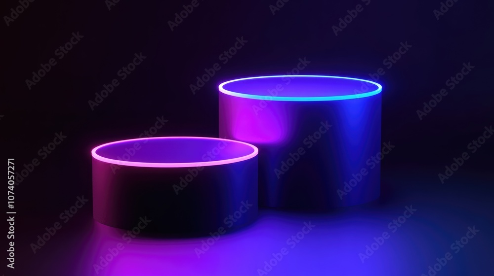 Poster 3d purple and blue neon light cylinder podium set against a minimal dark gradient background abstrac