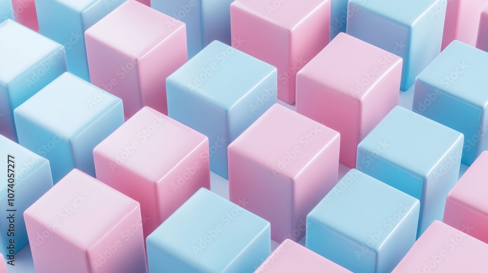 Poster 3D illustration featuring rows of pink and blue squares Collection of cubes on a monochrome background creating a geometric pattern