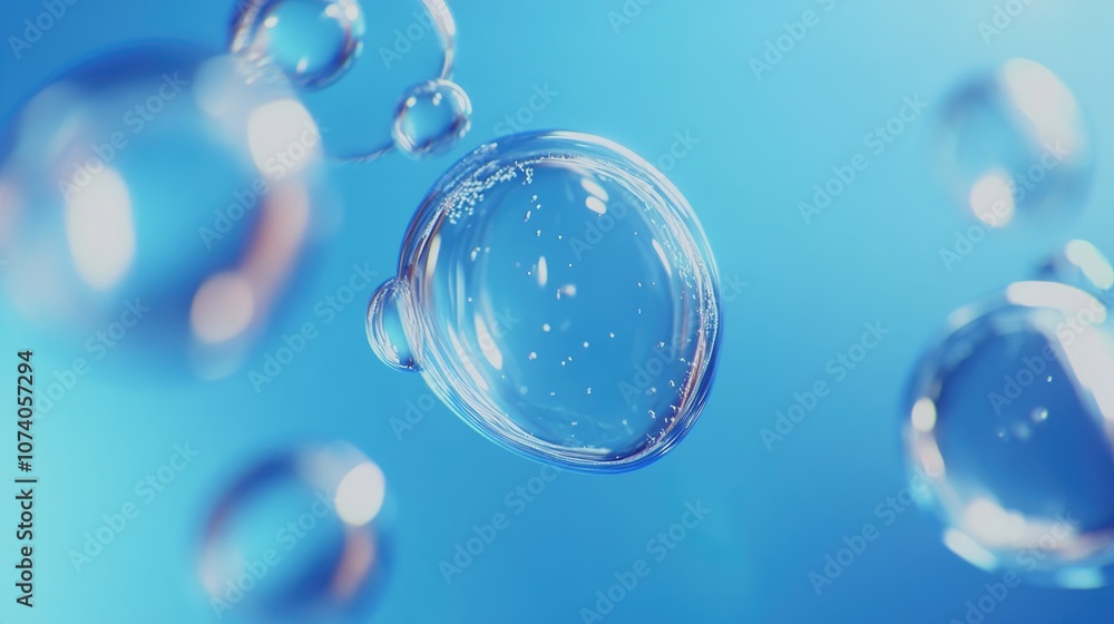 Poster three dimensional bubbles are ascending against a blue backdrop resembling bubbles surfacing in wate