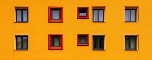 Fototapeta premium A vibrant orange wall featuring a pattern of windows, some with red frames, creating a striking visual contrast and modern aesthetic.
