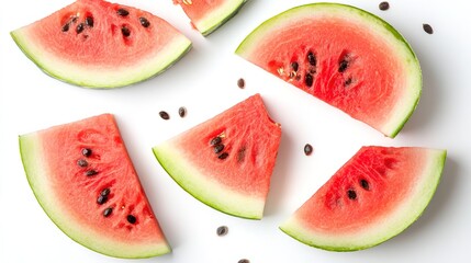 Fresh slices of watermelon isolated on a white background, showcasing the vibrant red flesh, seeds, and green rind, highlighting the refreshing and juicy qualities of the fruit for a clean, 
