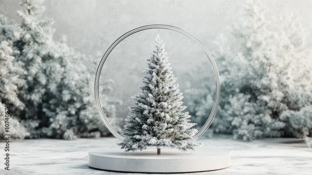 Poster 3d display podium featuring a christmas tree winter scenery backdrop for product showcasing minimali