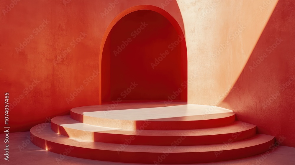 Poster 3D geometric podium in red color minimal design illustration digital rendering