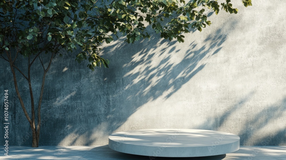 Leinwandbilder Display pedestal design featuring a blank product with shadow patterns from a tree on a wall in a concrete setting 3D rendering