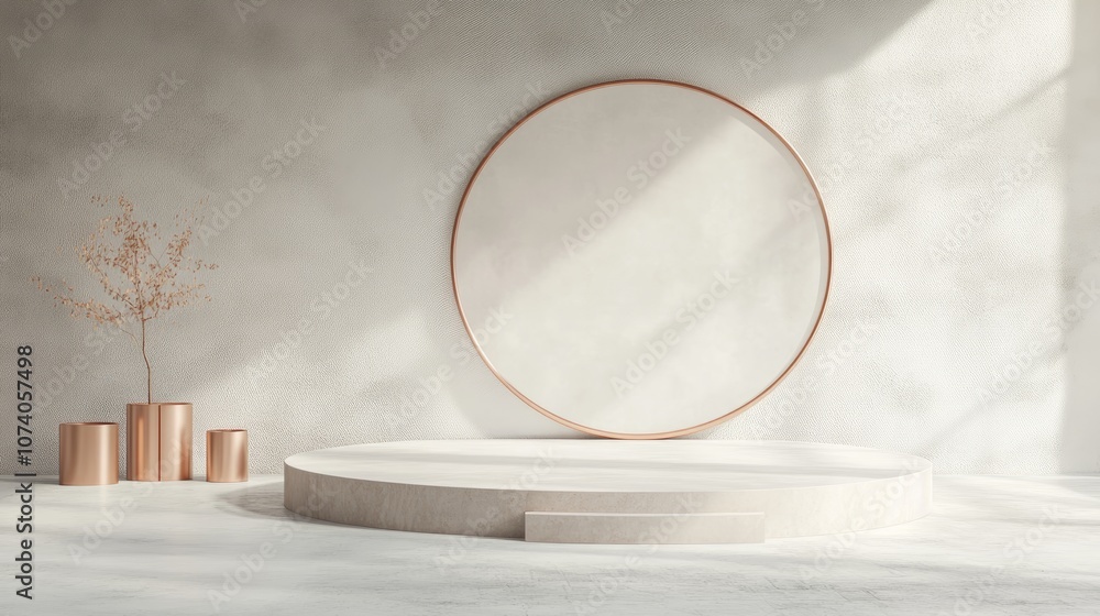 Poster premium podium stand 3d rendering illustration featuring a modern minimalistic luxury rose gold plat
