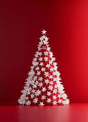 A Christmas tree made of white stars on a red background, with the text 'Merry Christmas' in the style of paper art craft.