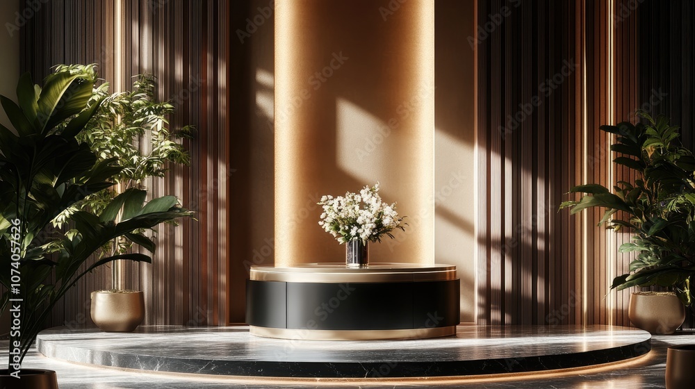 Aufkleber Elegant backdrop featuring a pedestal and display case 3D illustration 3D rendering