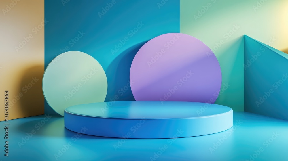 Aufkleber Minimalist scene featuring a corner podium with an abstract backdrop Geometric shapes set against a blue and green pastel palette 3D rendering of geometric forms with a blue background