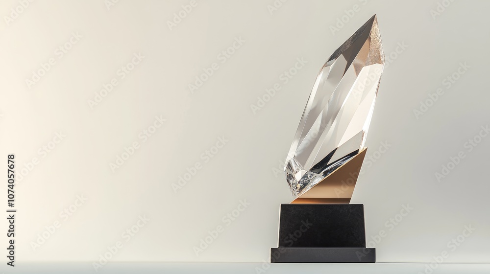 Poster transparent trophy or winner award angled view clear crystal or acrylic design on a dark pedestal fe