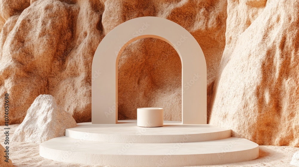 Aufkleber Abstract desert backdrop featuring geometric shapes A natural beauty display setting with an arch frame for showcasing products 3D rendering