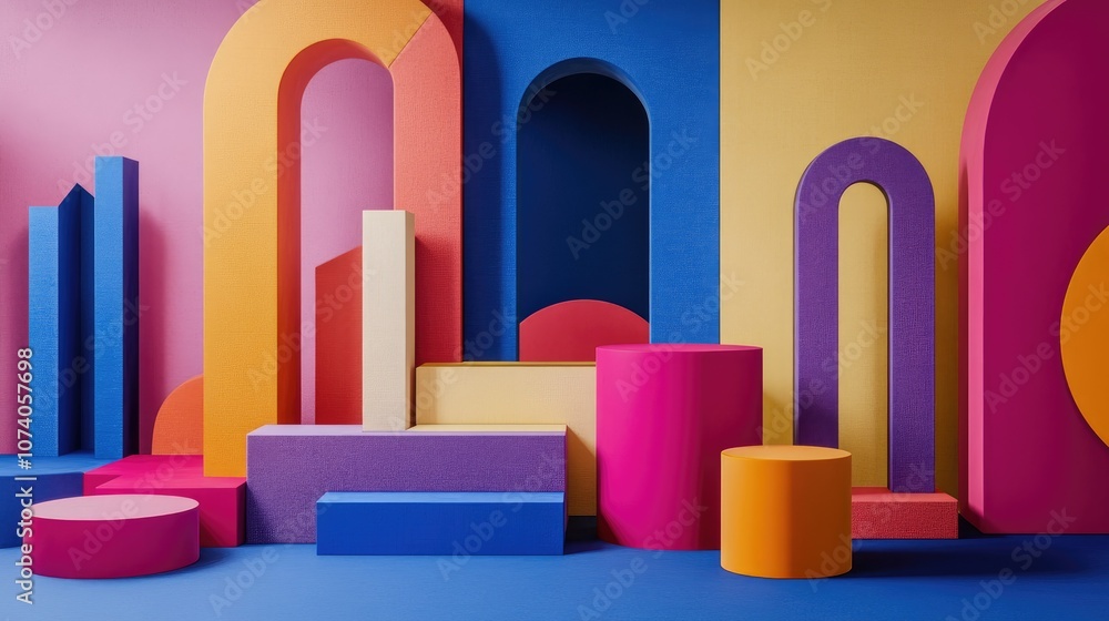 Aufkleber 3D render of an abstract colorful background featuring geometric shapes A playful arrangement of steps blocks and arches creates a contemporary display for showcasing products