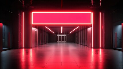 Fototapeta premium A blank bright red neon marquee sign with glowing lights situated above the entrance of a cinema or building, theater exterior, showcasing a vibrant and stylish urban environment.