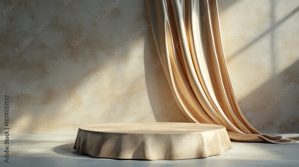 Poster circular 3d table with a silk drape and vacant podium