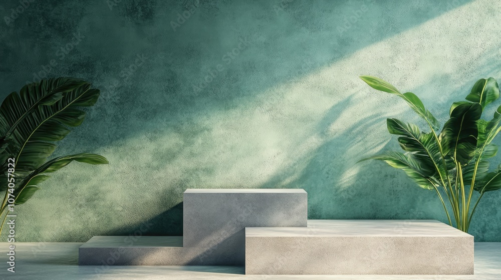 Poster square podium set against a green blue backdrop 3d rendering