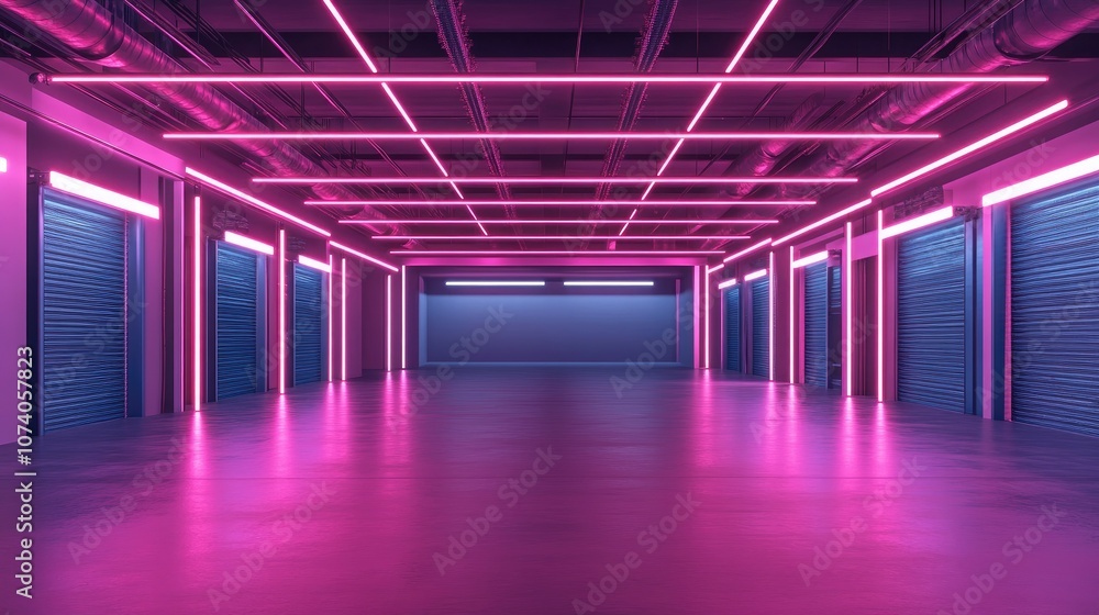 Poster futuristic metal garage with neon framing featuring an empty iron tunnel and production hangar neon 