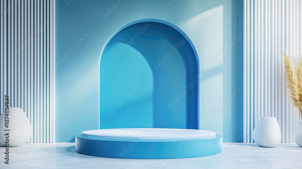 Aufkleber Blue backdrop featuring a pedestal and a display case blue stage platform podium for product presentation 3D rendering