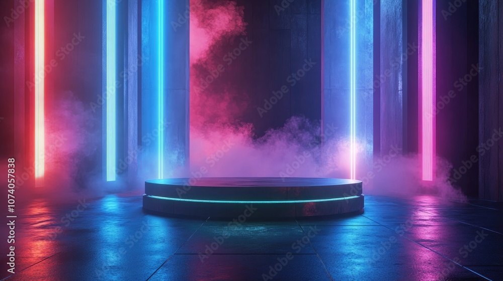Poster smoke fog in a sci fi virtual setting featuring vibrant neon colors an empty podium and reflective e