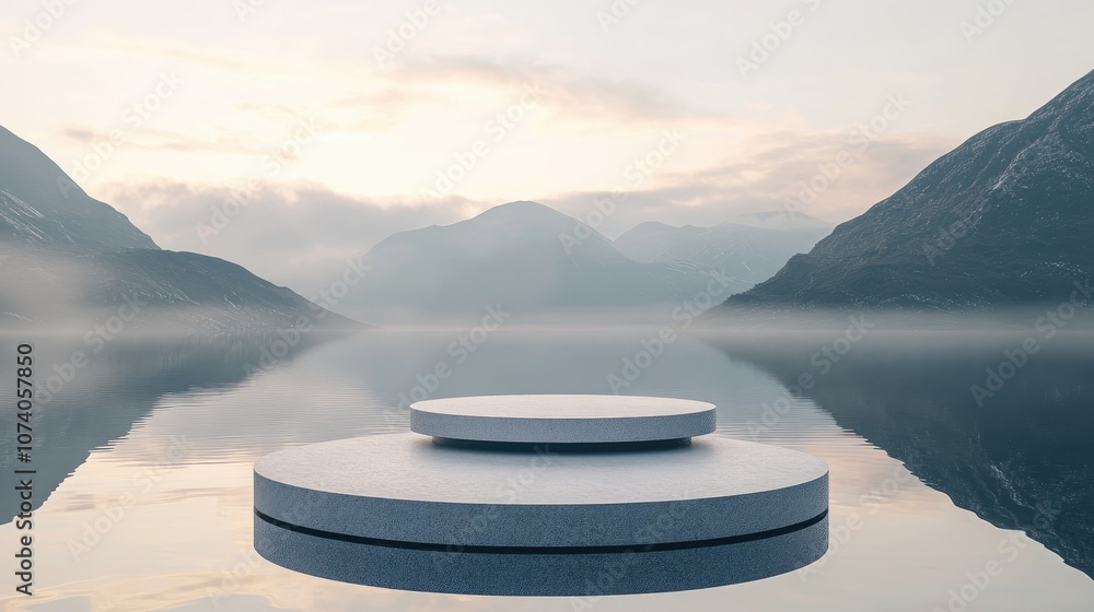 Poster 3d rendering of a podium with three circles on a lake