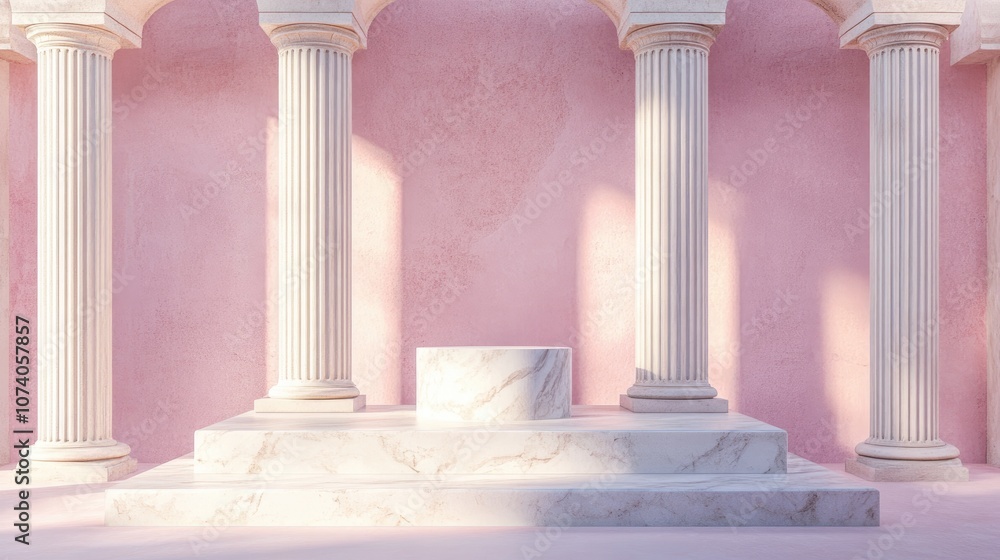 Fototapete Empty podium display with marble columns in a Greek style featuring a pink studio interior realistic 3D rendering Minimalist backdrop showcasing pedestal design and antique architecture elements
