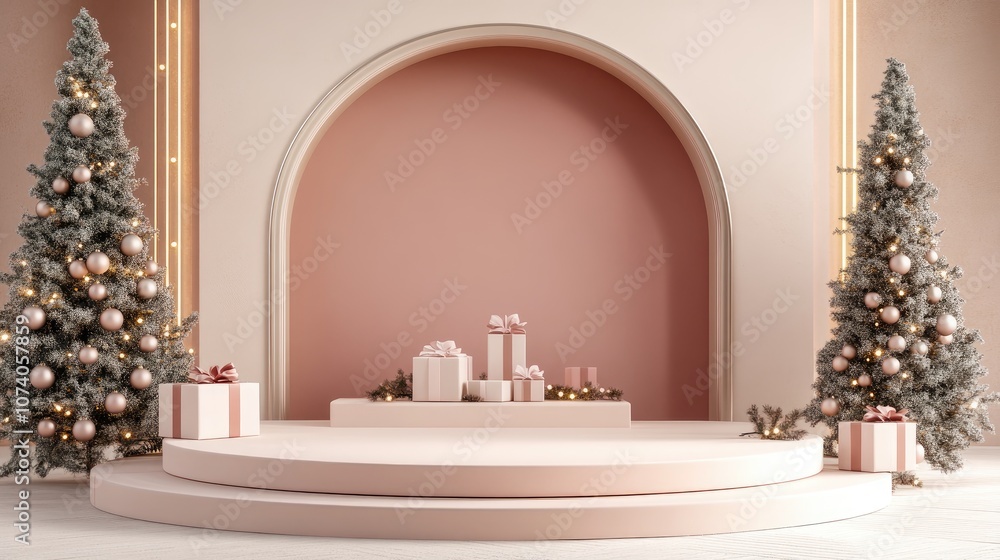 Poster 3d rendering of a minimalist christmas backdrop featuring gift boxes and a stage design offering spa