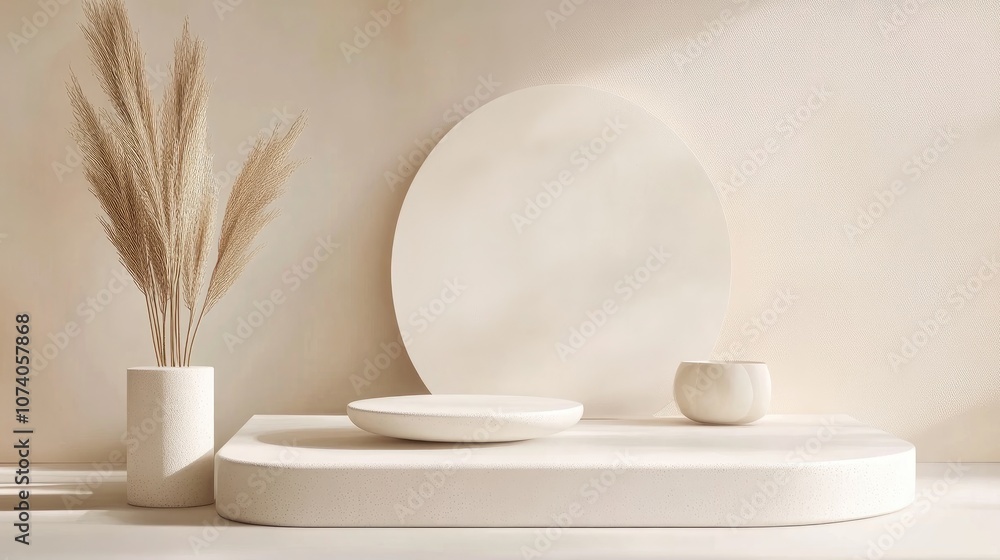 Poster Minimalist product display stand and podium in an abstract white composition featuring 3D rendering and illustration