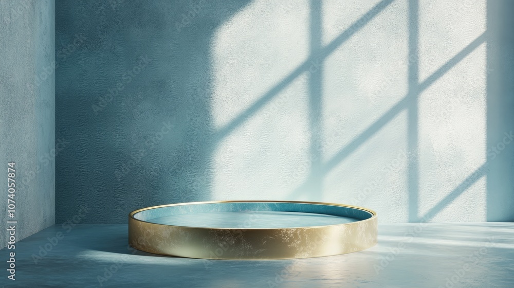 Aufkleber 3D rendering featuring a blue and gold podium within a minimal abstract background showcasing a geometric shape in pastel tones ideal for product display