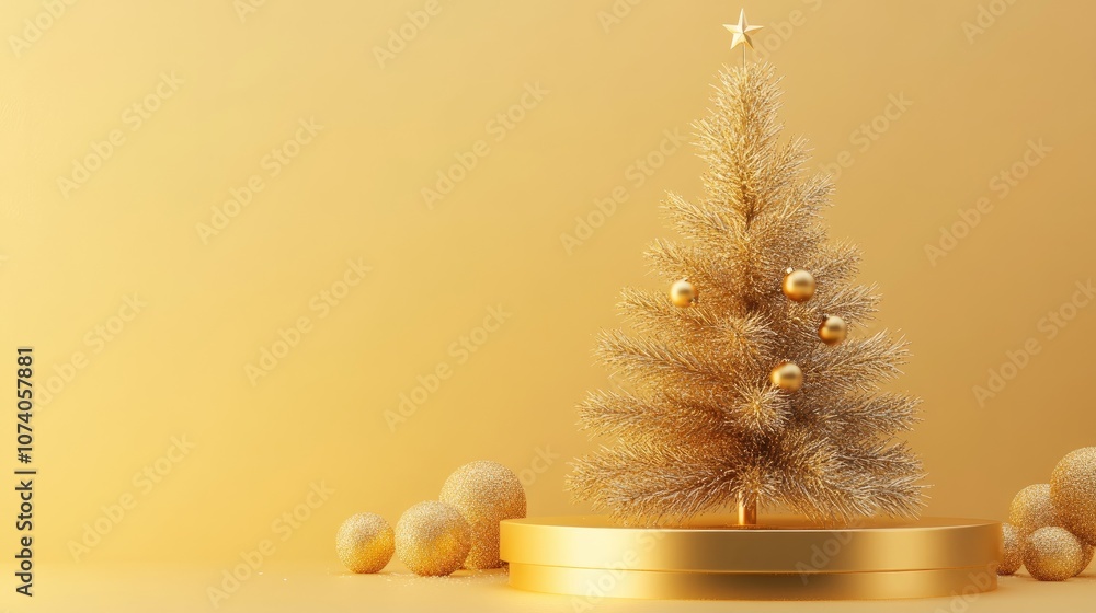 Poster gold edged podium and a golden yellow christmas tree create an elegant holiday display against a gol